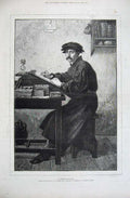 Old Antique Print 1882 Fashion Fur Feather Man Writing Store London Art 19th