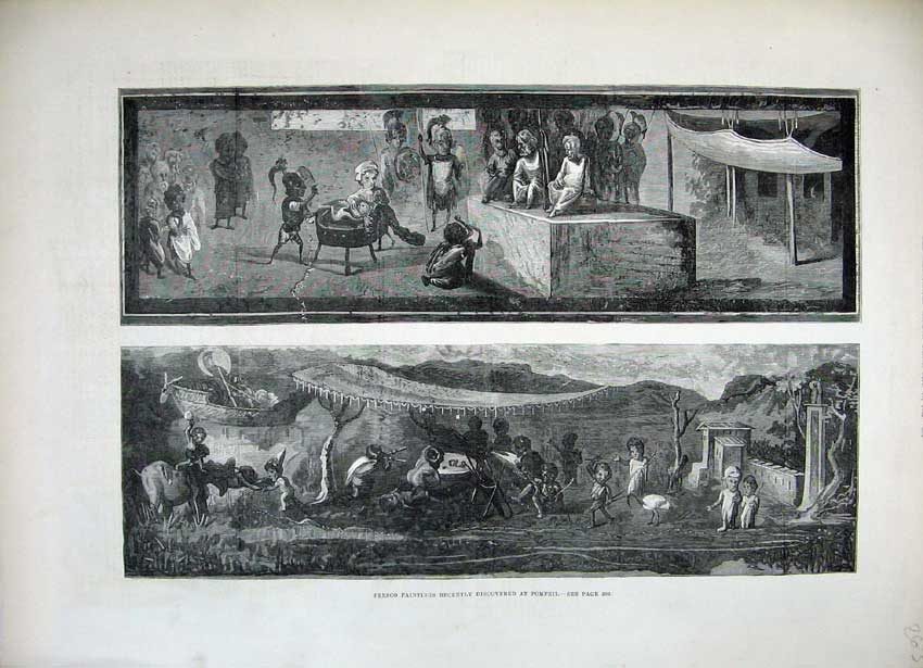 Original Old Antique Print 1882 Fresco Paintings Pompeii Battle Fine Art 19th