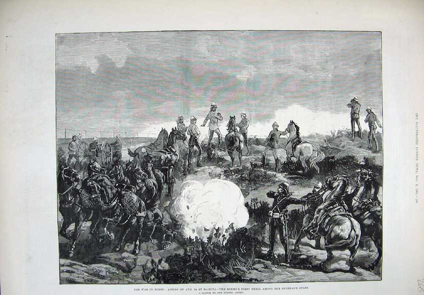 Original Old Antique Print 1882 War Egypt Battle Mahuta Army General Horses Art