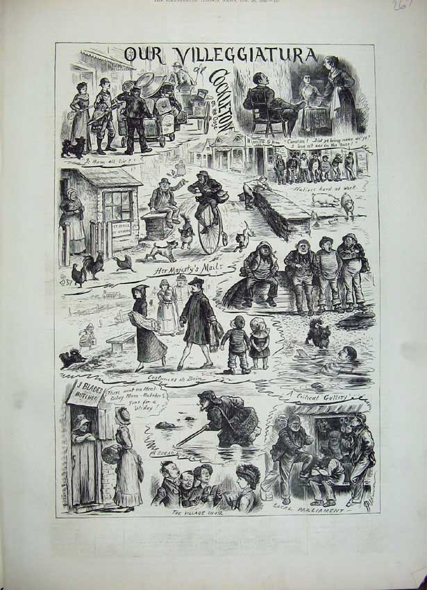 Old Antique Print 1882 Villeggiatura Village Choir Cockleton Chickens Dog 19th