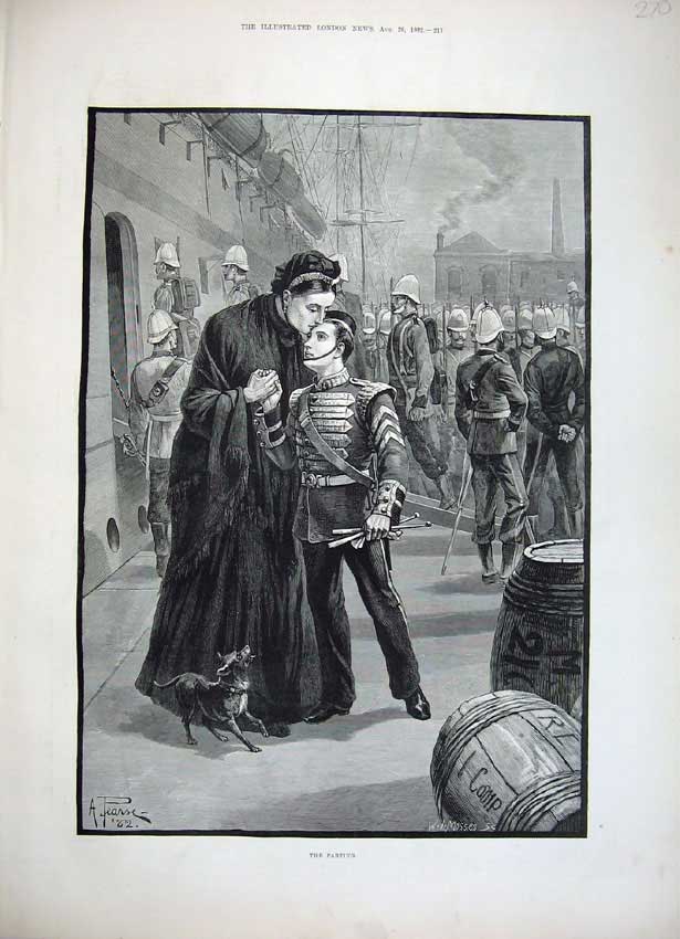 Original Old Antique Print Army Siers War 1882 Mother Son Boy Mosses Fine Art