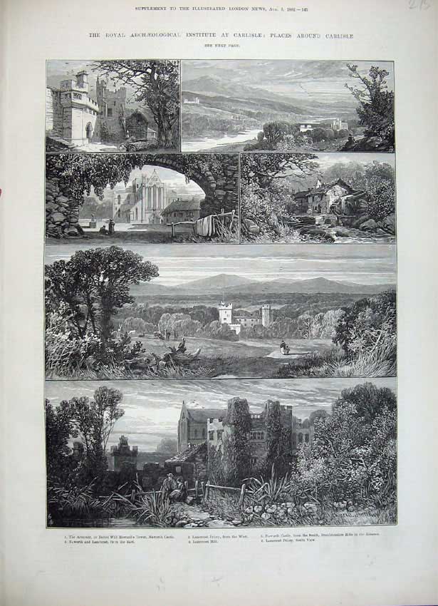 Old Antique Print 1882 Carlisle Naworth Castle Lanercost Priory Mill Art 19th