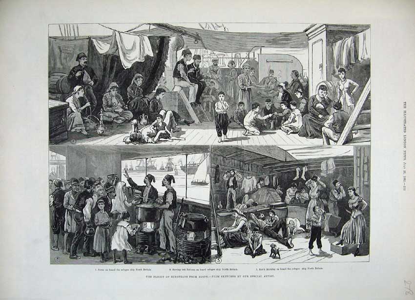 Original Old Antique Print 1882 Egypt Refugee Ship Britain People Feeding Dog