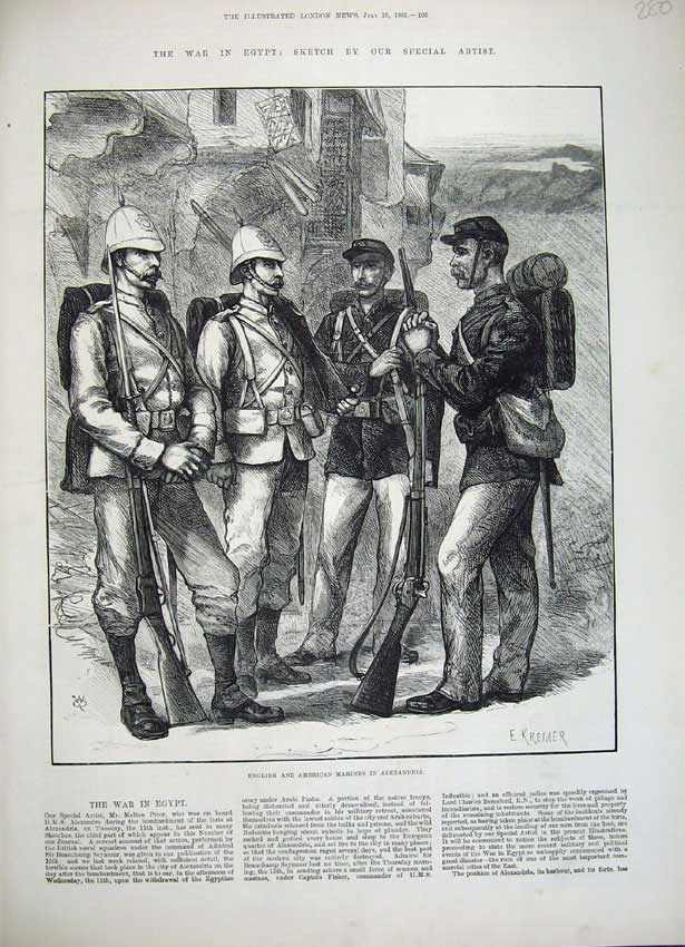 Old Antique Print 1882 English American Marines Alexandria War Egypt Art 19th