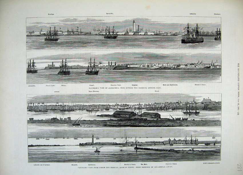 Old Antique Print 1882 Alexandria Harbour Ships Pharos Castle Khedive Art 19th