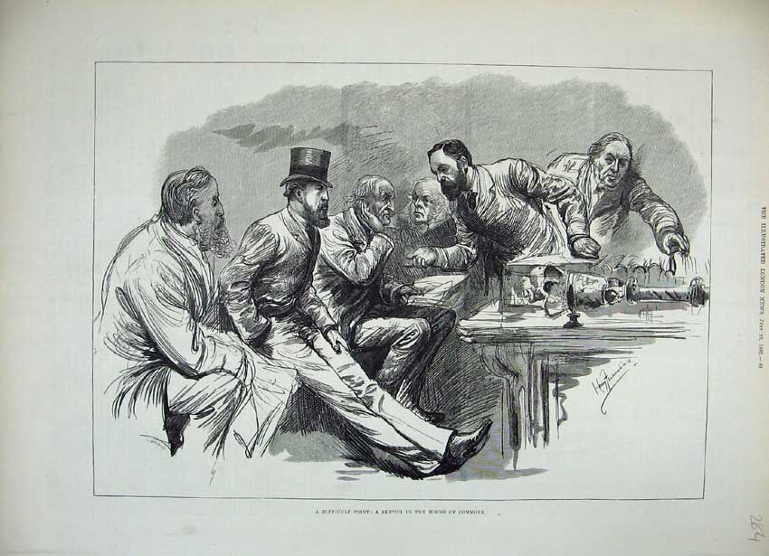 Original Old Antique Print Men House Commons Parliament 1882 Table Victorian