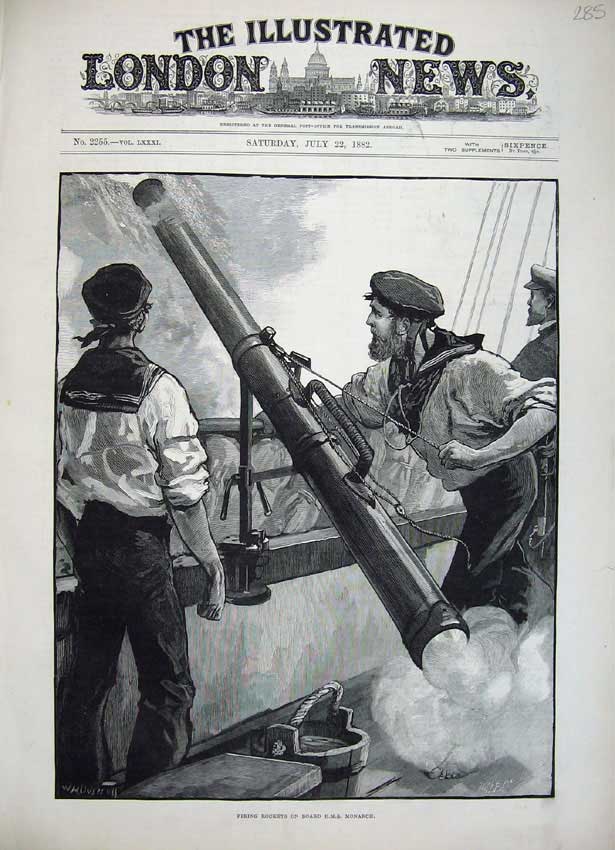 Old Antique Print 1882 War Ship Firing Rockets H.M.S Monarch Sailors Art 19th