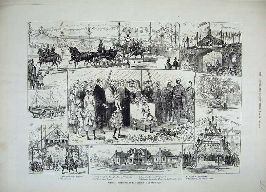 Old Antique Print 1882 Princess Christian Eastbourne Triumphal Arch Alice 19th
