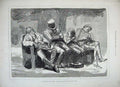 Original Old Antique Print 1882 London Park Men Sleeping Bench Sketch Victorian