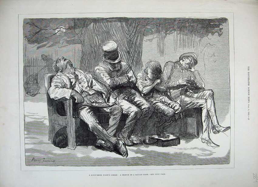 Original Old Antique Print 1882 London Park Men Sleeping Bench Sketch Victorian