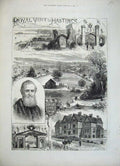 Original Old Antique Print Hastings 1882 Castle Alexandra Park Arch St Leonards