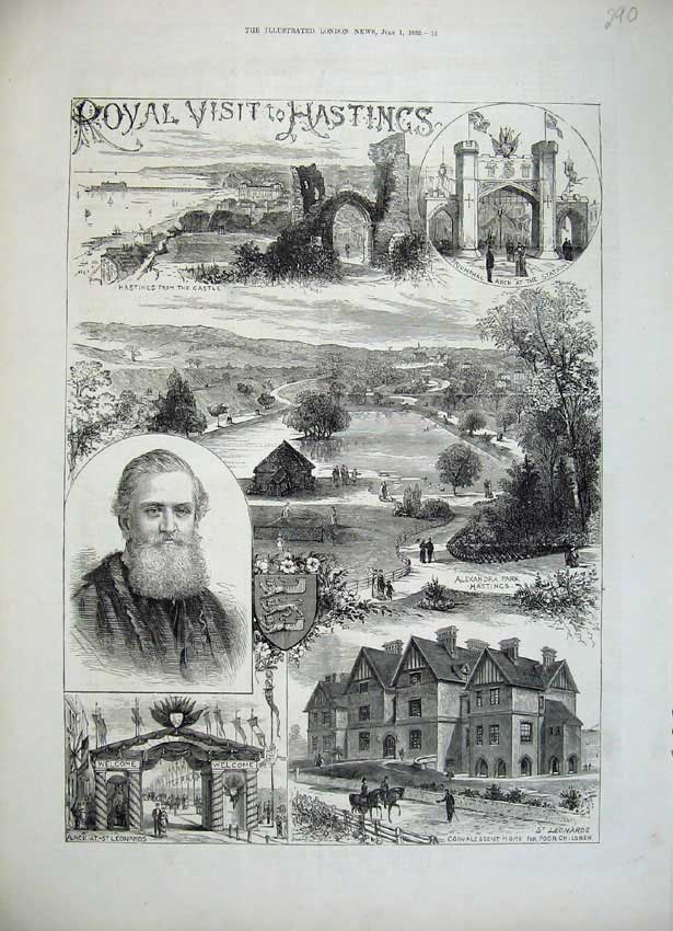 Original Old Antique Print Hastings 1882 Castle Alexandra Park Arch St Leonards
