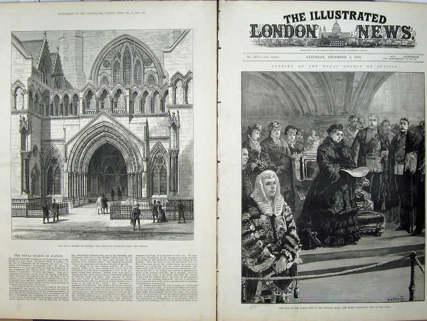 Antique Old Print 1882 Royal Courts Justice London Queen Central Hall Art 19th
