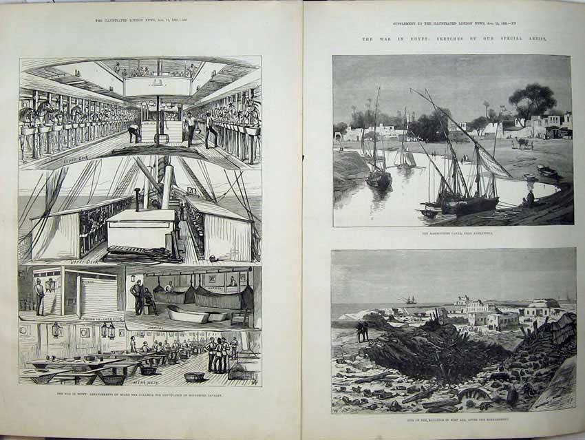 Old Antique Print War Egypt 1882 Mahmoudieh Canal Fort Ada Ship Calabria 19th