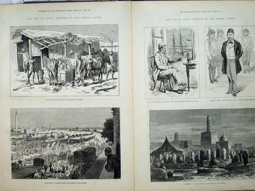 Old Antique Print War Egypt 1882 Horses Bengal Cavalry Graveyard Cairo 19th