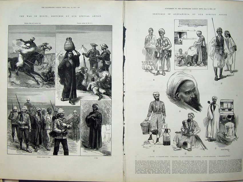 Old Antique Print 1882 War Egypt Alexandria Army Siers Jew Milkman Men 19th