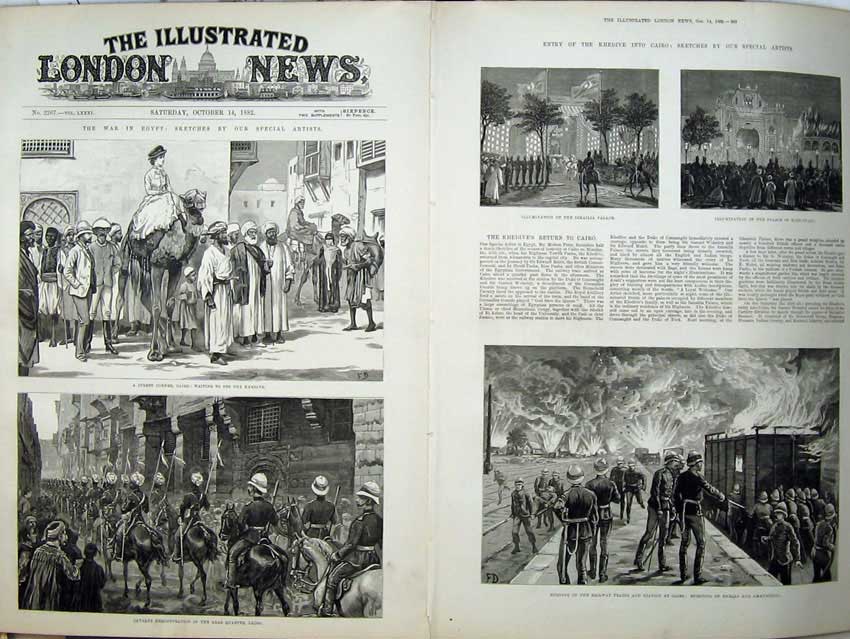 Old Antique Print War Egypt 1882 Cairo Army Palace Arabs Trains Railway 19th