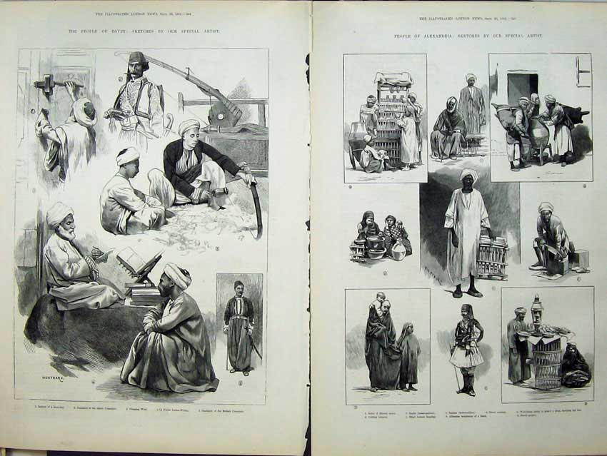 Antique Old Print 1882 People Alexandria Egypt Janissary Boabs Sakkas Men 19th