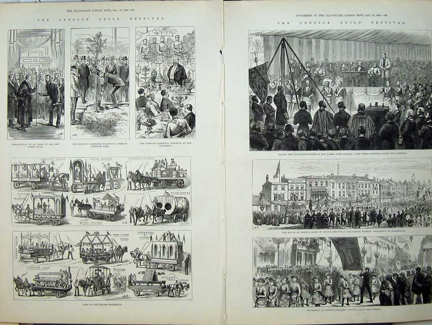 Old Antique Print Preston Field Festival 1882 Lord Derby Duke Cambridge 19th