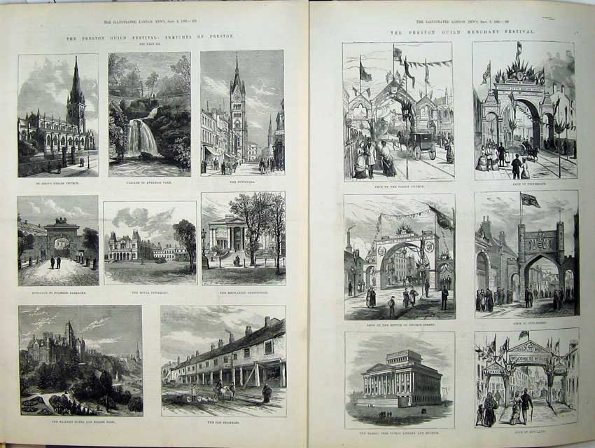 Old Antique Print 1882 Preston Church Hosptial Railway Hotel Arch Museum 19th