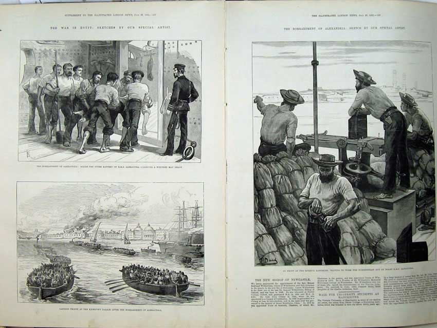 Antique Old Print War Egypt 1882 Alexandria Ship Khedives'S Palace Cannon 19th