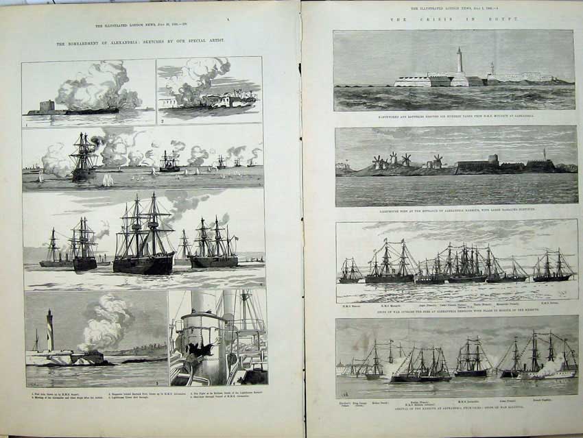 Antique Old Print War Egypt 1882 Alexandria Lighthouse Ships Fort Ada Art 19th