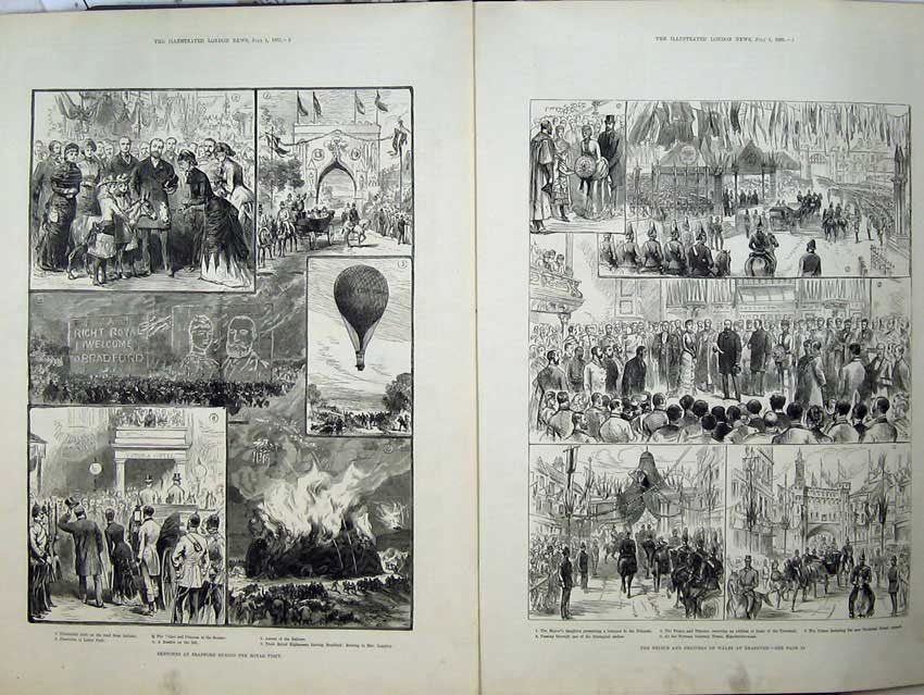 Old Antique Print 1882 Prince Wales Bradford Triumphal Arch Mayor Tower 19th