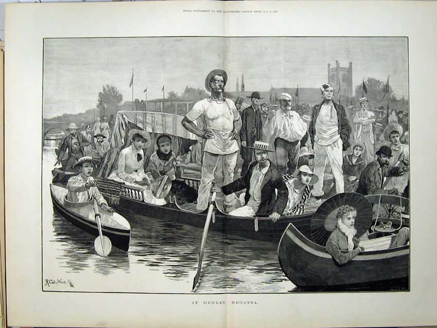 Original Old Antique Print 1882 Woodville Henley Regatta River Boat Fine Art