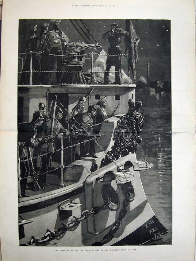 Old Antique Print War Egypt 1882 Majesty Queen Ship War Siers Army Art 19th