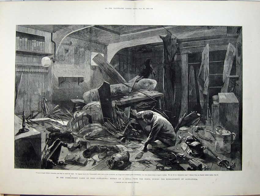 Old Antique Print 1882 War Egypt Commanders Cabin Ship Alexandria Bomb 19th