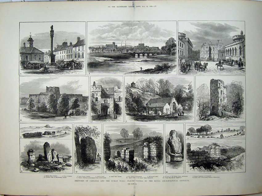 Old Antique Print 1882 Carlisle Roman Wall Roman Camp Kirkoswald Church 19th