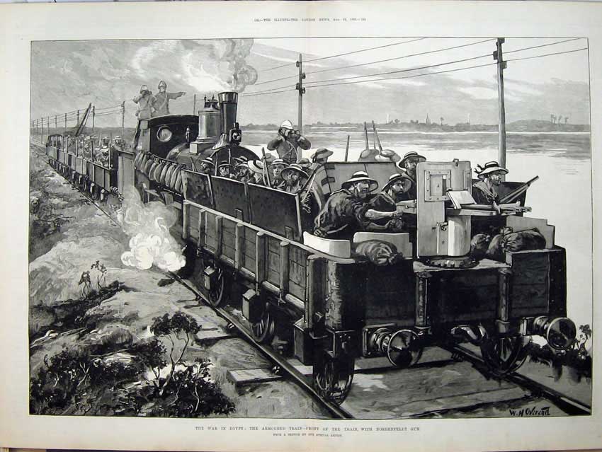 Old Antique Print 1882 War Egypt Armoured Train Nordenfeldt Gun Overend 19th