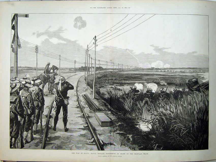 Original Old Antique Print 1882 War Egypt Naval Brigade Ironclad Train Siers