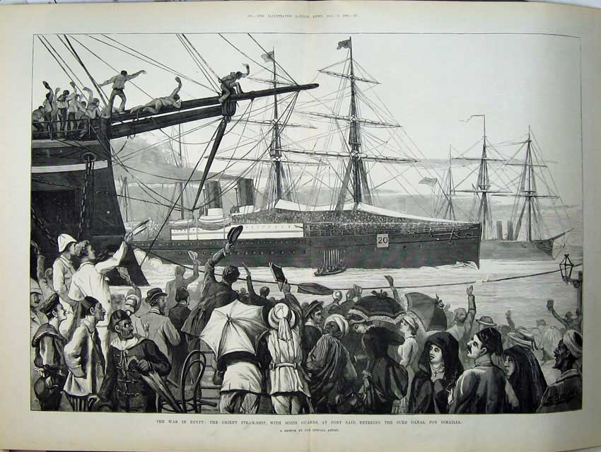 Old Antique Print 1882 War Egypt Orient Ship Scots Guards Port Said Suez 19th