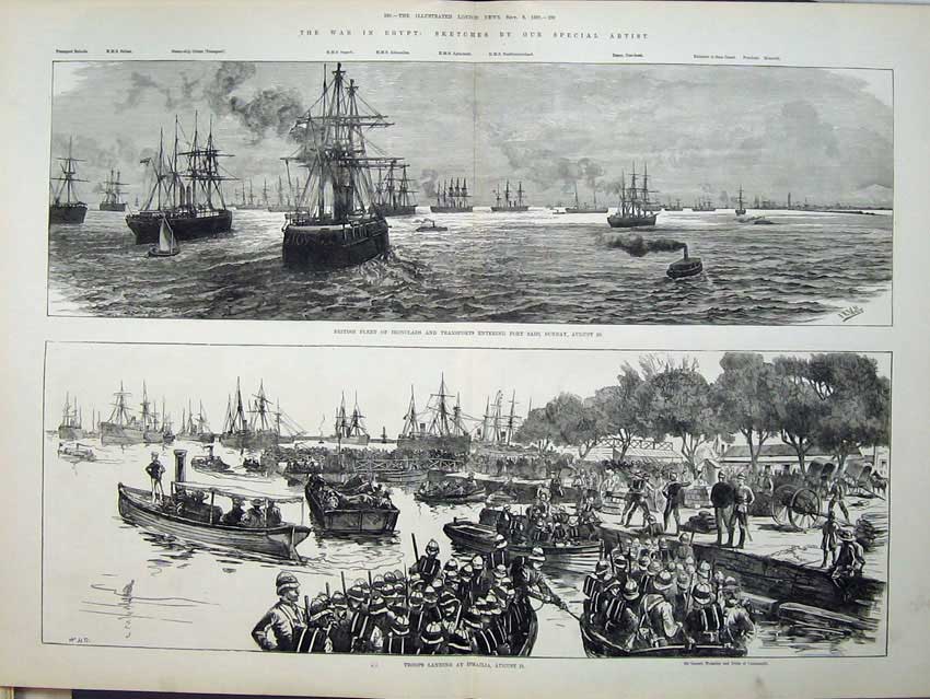 Old Antique Print War Egypt 1882 British Ships Port Said Troops Ismailia 19th