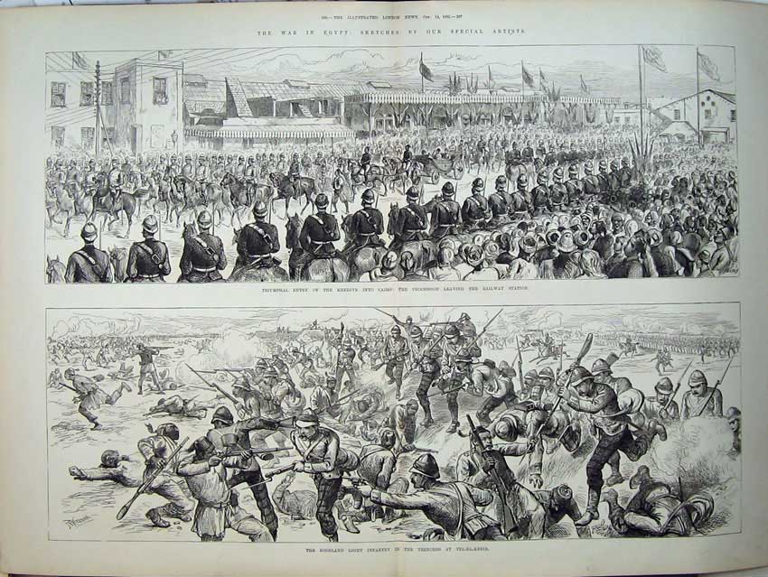 Old Antique Print War Egypt 1882 Khedive Cairo Railway Station Highland 19th