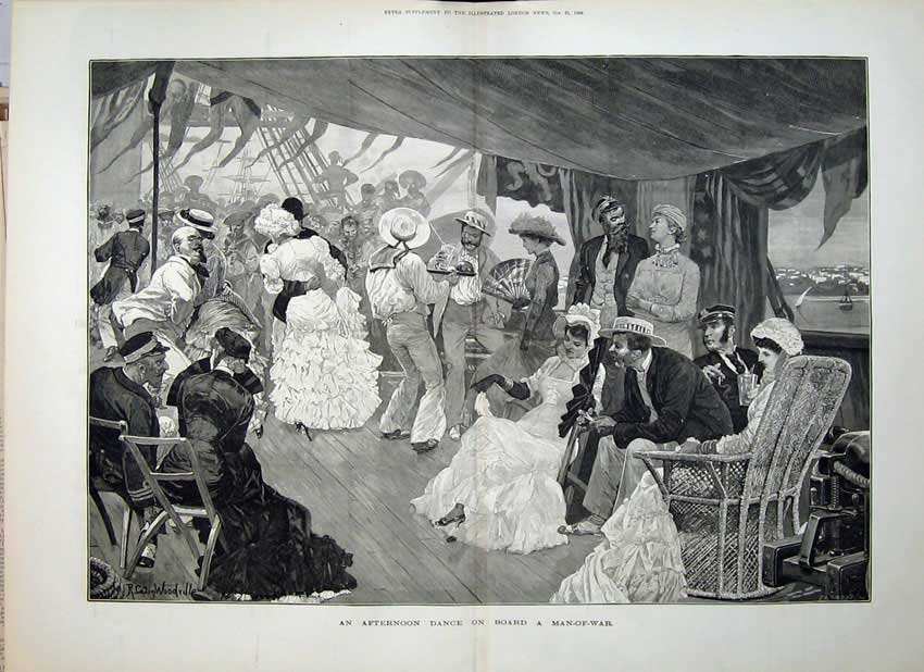 Old Antique Print 1882 Woodville Art Men Women Dancing Ship Man-Of-War 19th