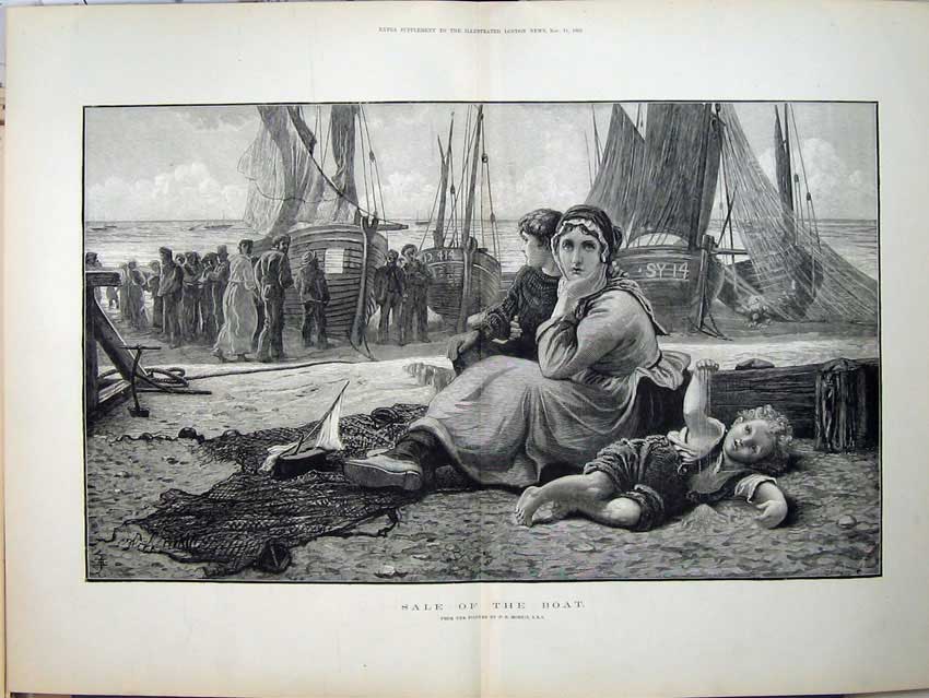Old Antique Print 1882 Woman Children Sale Fishing Boat Sea Morris Art 19th