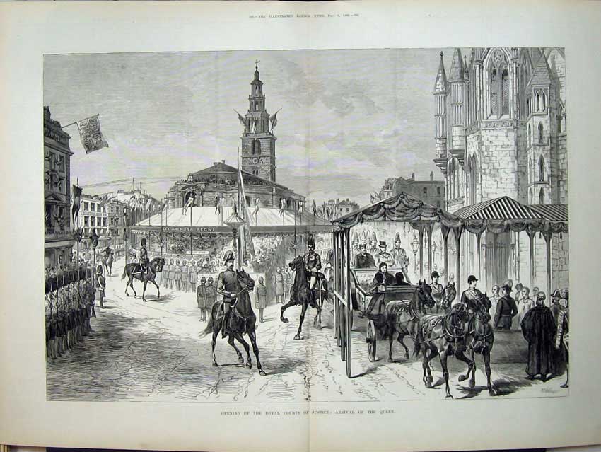 Antique Old Print 1882 Royal Courts Justice Queen Horse Carriage War Army 19th