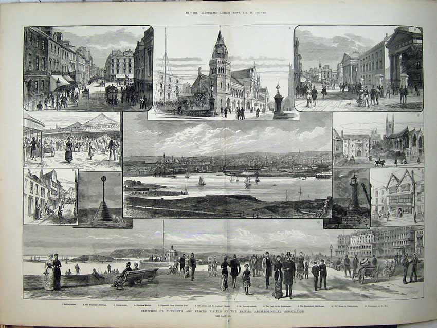 Old Antique Print 1882 Plymouth Abbey Church Lighthouse Breakwater Hoe 19th