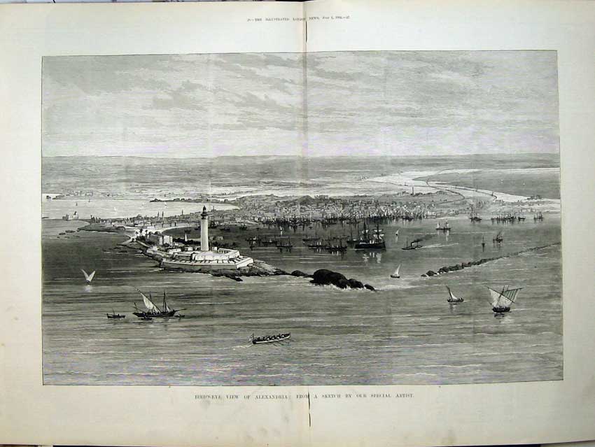 Antique Old Print 1882 View Alexandria Egypt Sailing Ships Lighthouse Art 19th