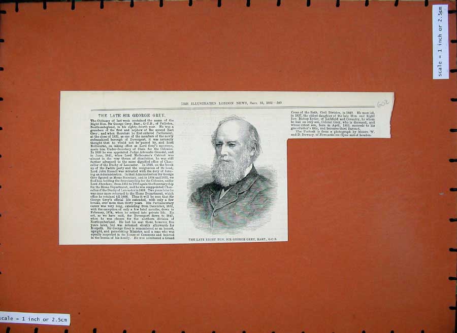 Original Old Antique Print 1882 Portrait George Grey Bart Northumberland Man