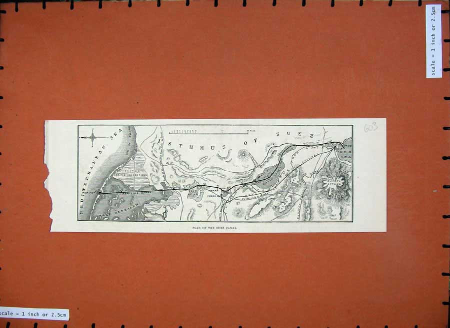 Original Old Antique Print 1882 Plan Suez Canal Isthmus Mediterranean Sea 19th