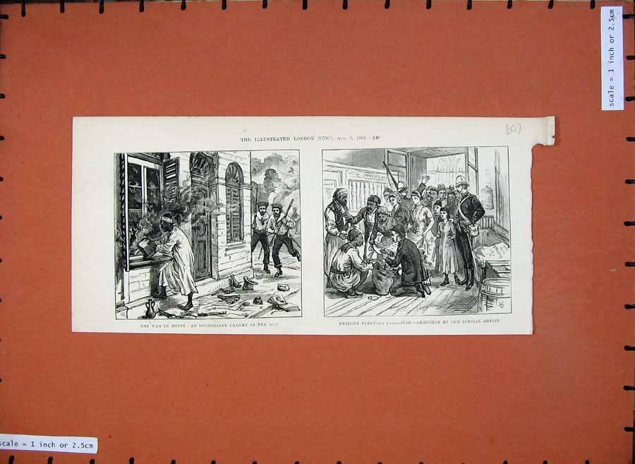 Old Antique Print 1882 War Egypt Feeding Starving Fugitives Fire People 19th