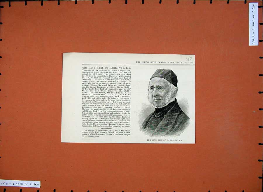 Original Old Antique Print Portrait Earl Harrowby Nobleman 1882 19th