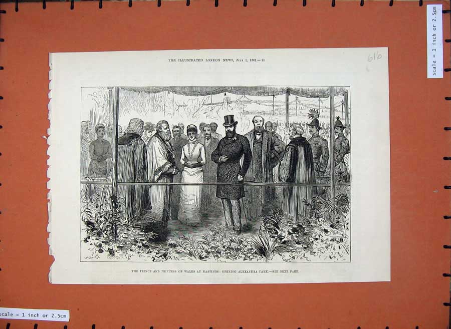 Original Old Antique Print 1882 Prince Wales Hastings Alexandra Park People