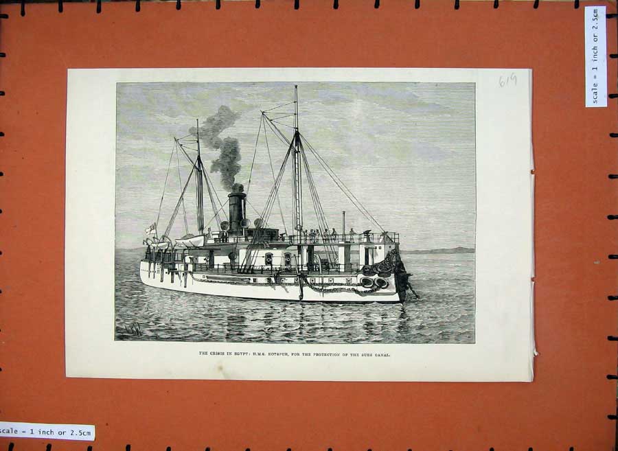 Old Antique Print 1882 Egypt H.M.S Hotspur Ship Protection Suez Canal War 19th