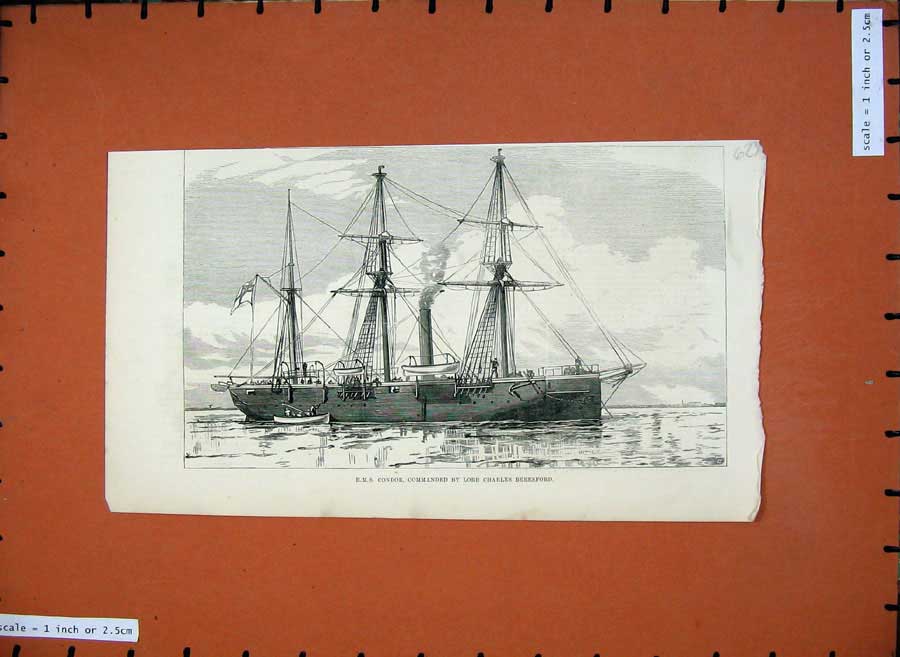 Old Antique Print 1882 H.M.S Condor War Ship Lord Charles Beresford Art 19th