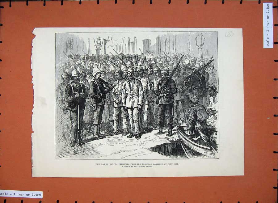Original Old Antique Print War Egypt 1882 Prisoners Egyptain Garrison Port Said
