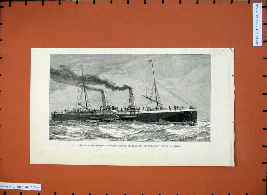 Old Antique Print 1882 Steam Boat Invicta Chatham London Railway Ship Sea 19th